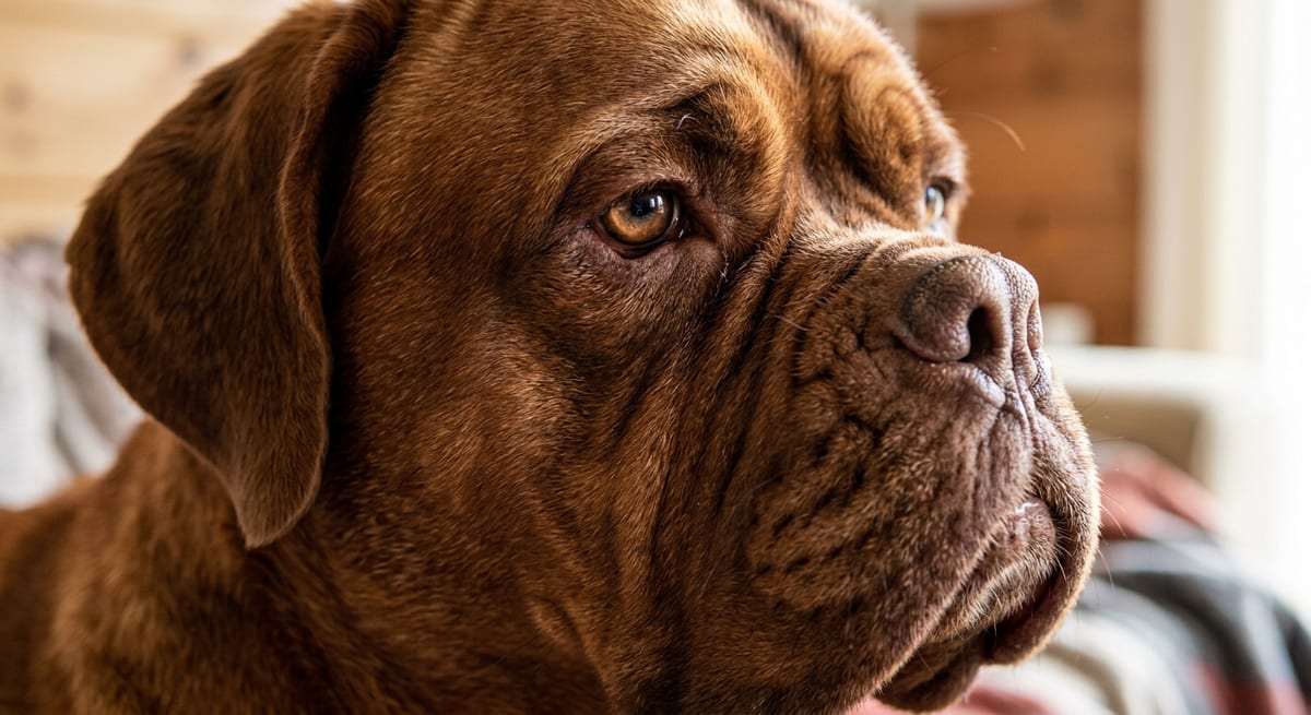 Detalle de la cabeza del Dogo Primer plano de la cabeza de un Dogo de Burdeos destacando sus arrugas características y mirada