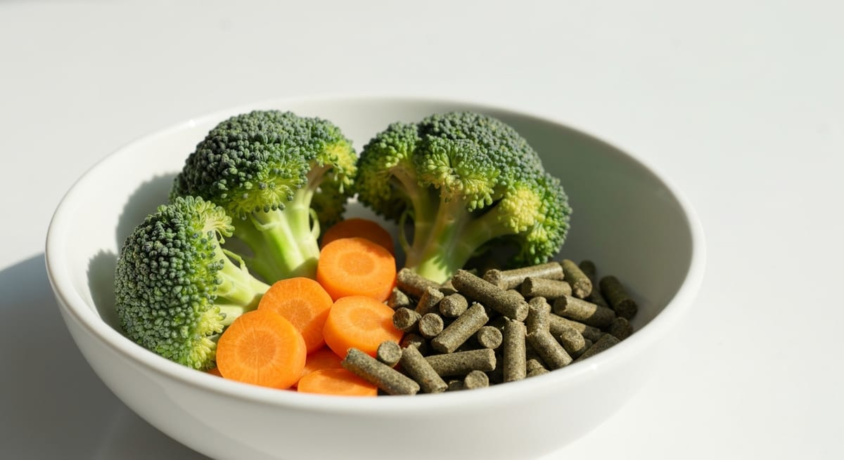 Alimentación nutritiva para roedores Dieta equilibrada con vegetales frescos y pellets para extender la duración de vida de un hámster.