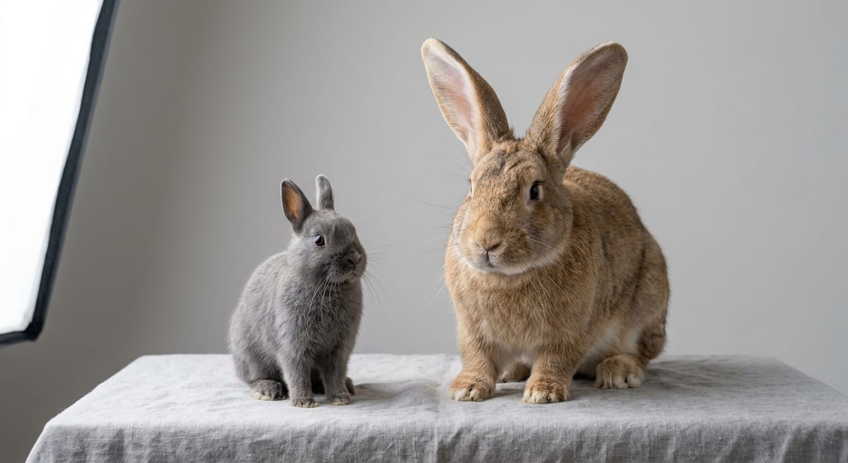 Diferencias entre razas de conejos Comparativa de tamaños entre un conejo enano y un conejo gigante de Flandes.