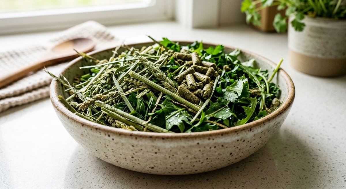 Dieta para una vejez saludable Heno fresco y vegetales verdes esenciales para la alimentación y salud del conejo.