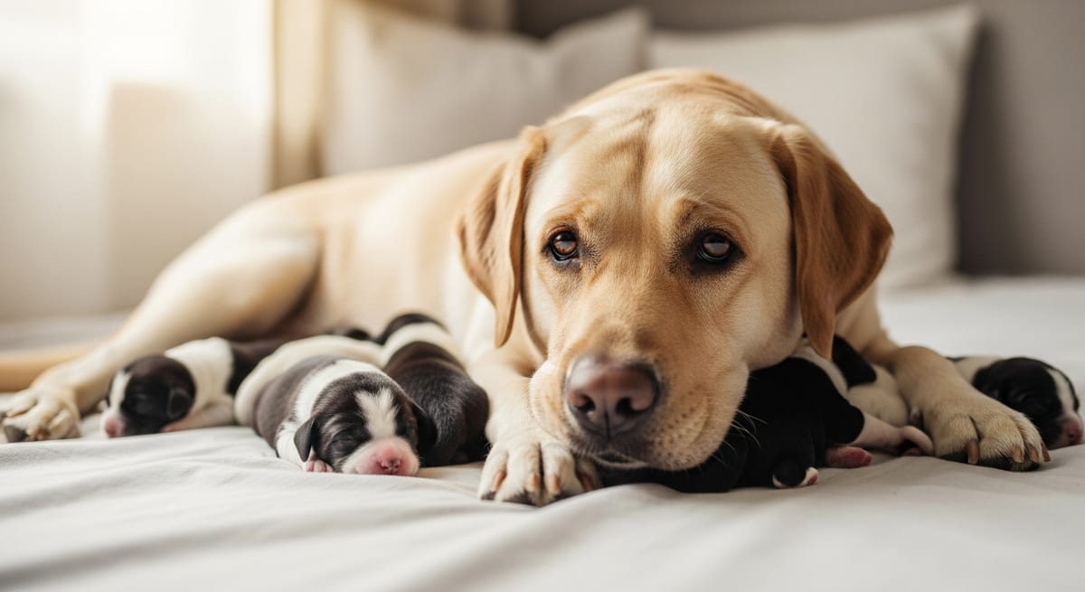 Final del parto canino Perra Labrador descansando con sus cachorros tras finalizar la duración del parto normal.