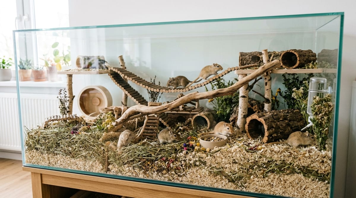 Hábitat ideal para jerbos Terrario de cristal para jerbos con lecho profundo para excavar y accesorios naturales