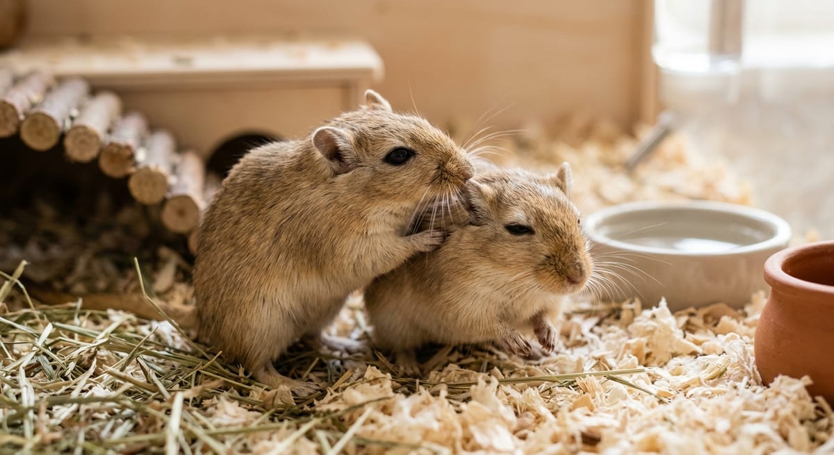 Comportamiento social de los jerbos Pareja de jerbos socializando en un entorno doméstico limpio