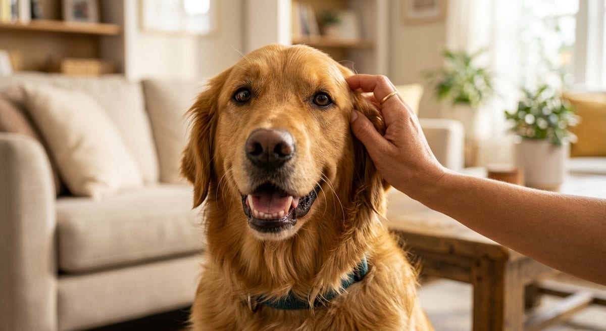 Salud cutánea canina Perro saludable con pelaje brillante recibiendo caricias, representando el éxito de los tratamientos de piel.