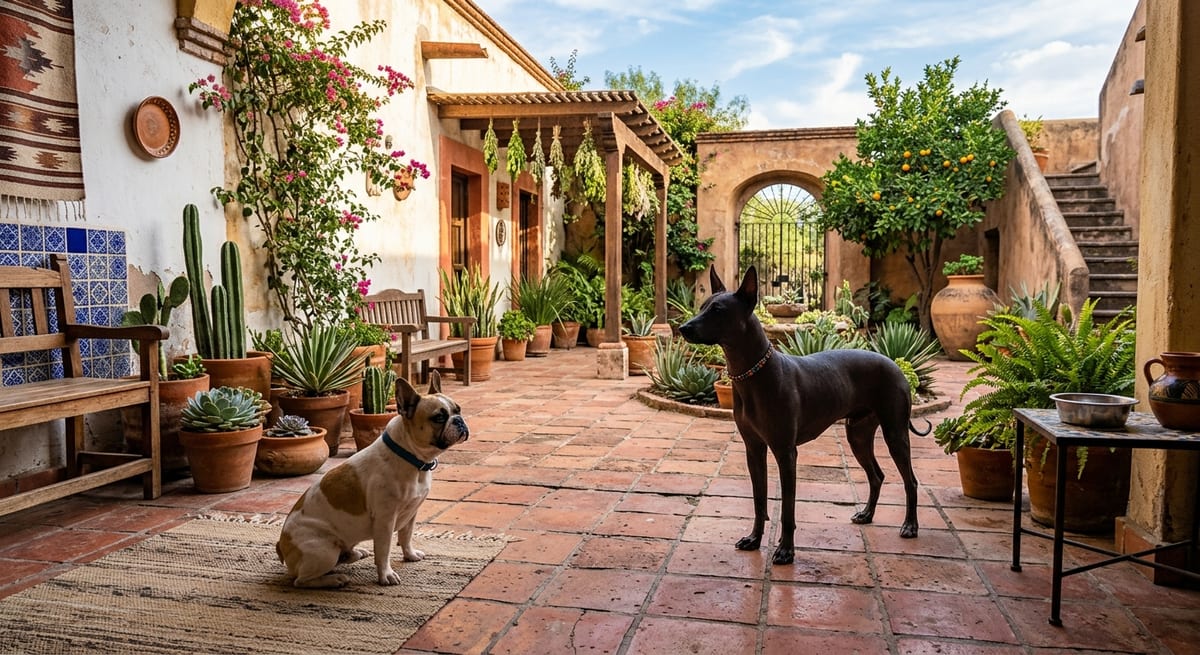 Razas predispuestas en México Bulldog Francés y Xoloitzcuintli en un patio, razas con predisposición a problemas de piel en México.