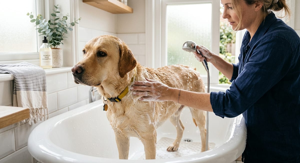 Baño terapéutico efectivo Proceso de baño terapéutico para perros con problemas de piel usando productos especializados.