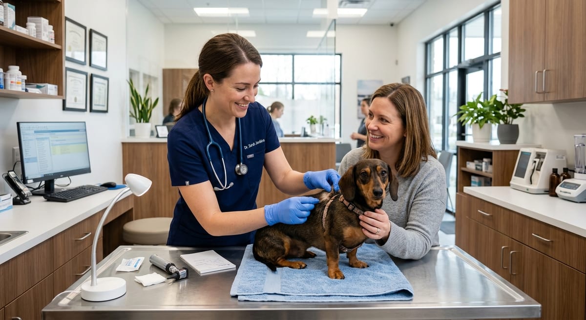 Consulta dermatológica profesional Veterinaria realizando revisión dermatológica a un perro, preparando el diagnóstico clínico.