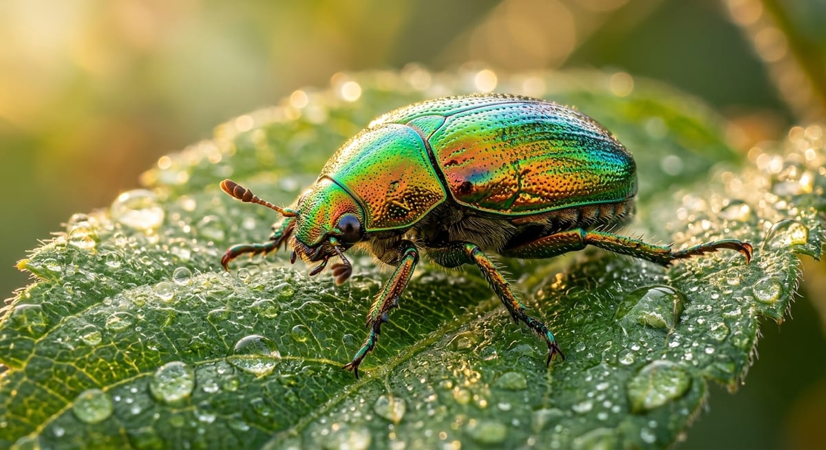 Primer plano de un escarabajo brillante sobre una hoja, ilustrando la diversidad de nombres y variedades de escarabajos.