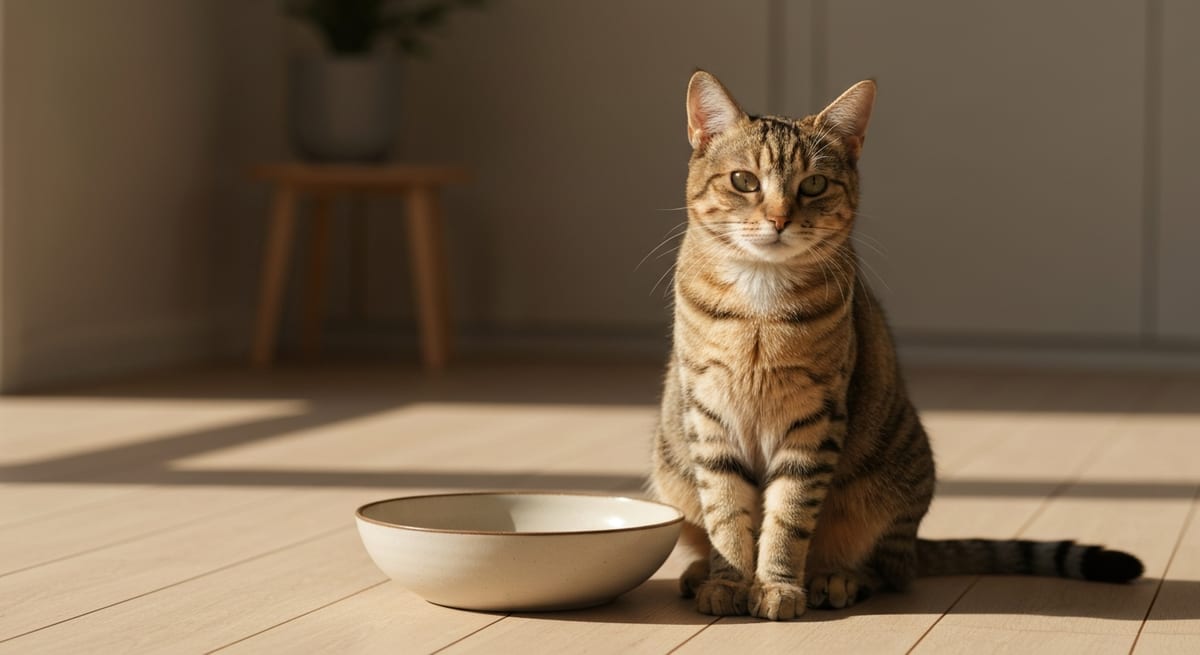 Prevención del estrés de bigotes Gato tranquilo frente a un plato ancho y bajo diseñado para evitar el estrés de bigotes.