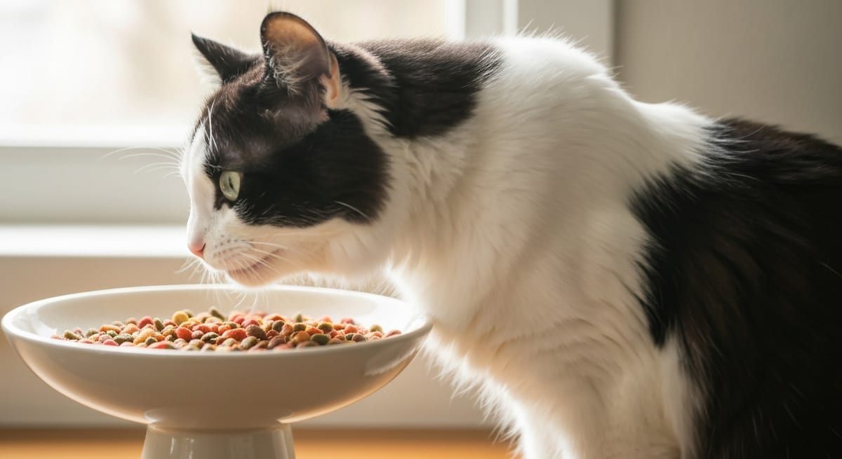Beneficios de los platos elevados Gato comiendo de un plato elevado para mejorar la postura y reducir el estrés de bigotes.