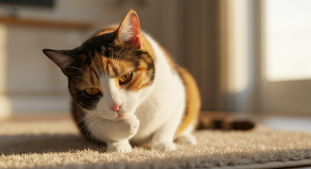 Bienestar felino integral Gato doméstico relajado y saludable tras una alimentación sin estrés sensorial.