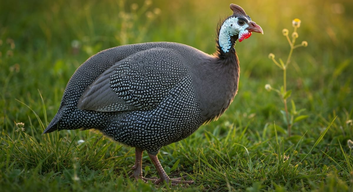 Gallina de Guinea exótica Gallina de Guinea adulta con plumaje moteado en un entorno natural soleado