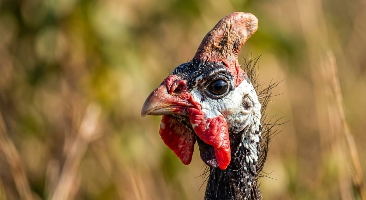 Detalles de la Gallina de Guinea Primer plano del casco y carúnculas de una Gallina de Guinea mostrando sus rasgos únicos