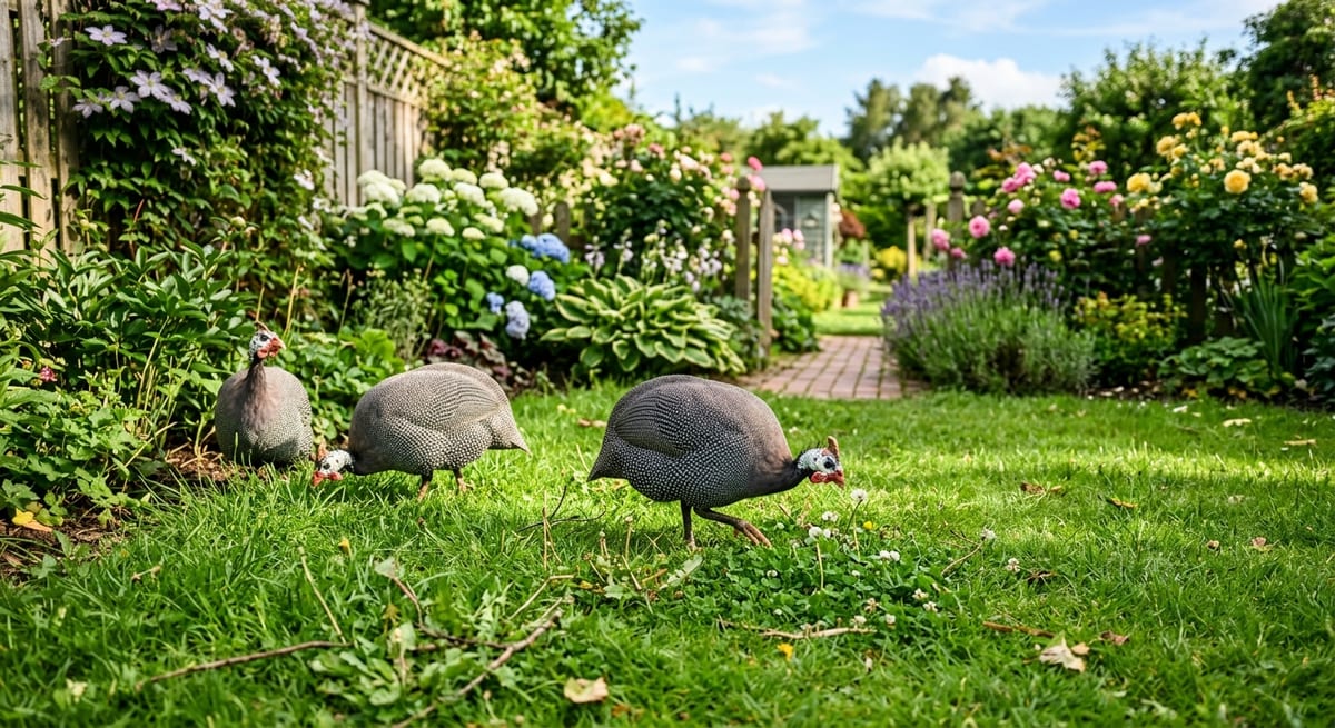 Gallinas de Guinea en el jardín Grupo de Gallinas de Guinea realizando control de plagas natural en un jardín