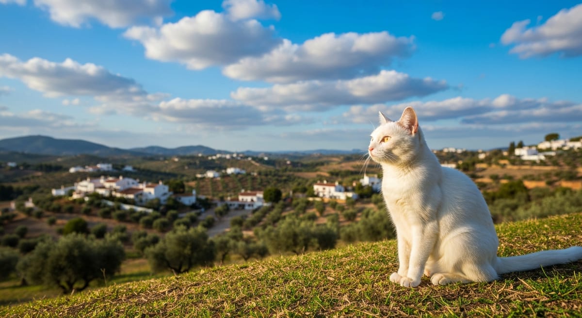 Gato en el horizonte Gato doméstico observando el horizonte en un paisaje de España durante el atardecer.