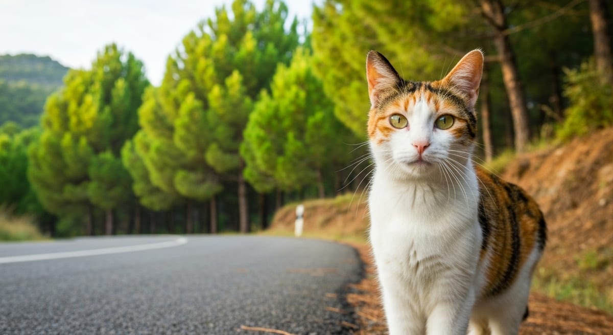 Extravío en la carretera Gato extraviado cerca de una carretera en Maçanet de la Selva rodeado de vegetación.
