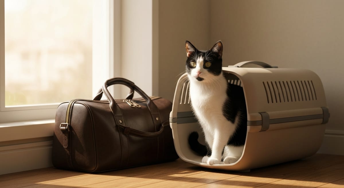 Prevención en viajes Gato dentro de un transportín seguro junto a una maleta preparado para un viaje.