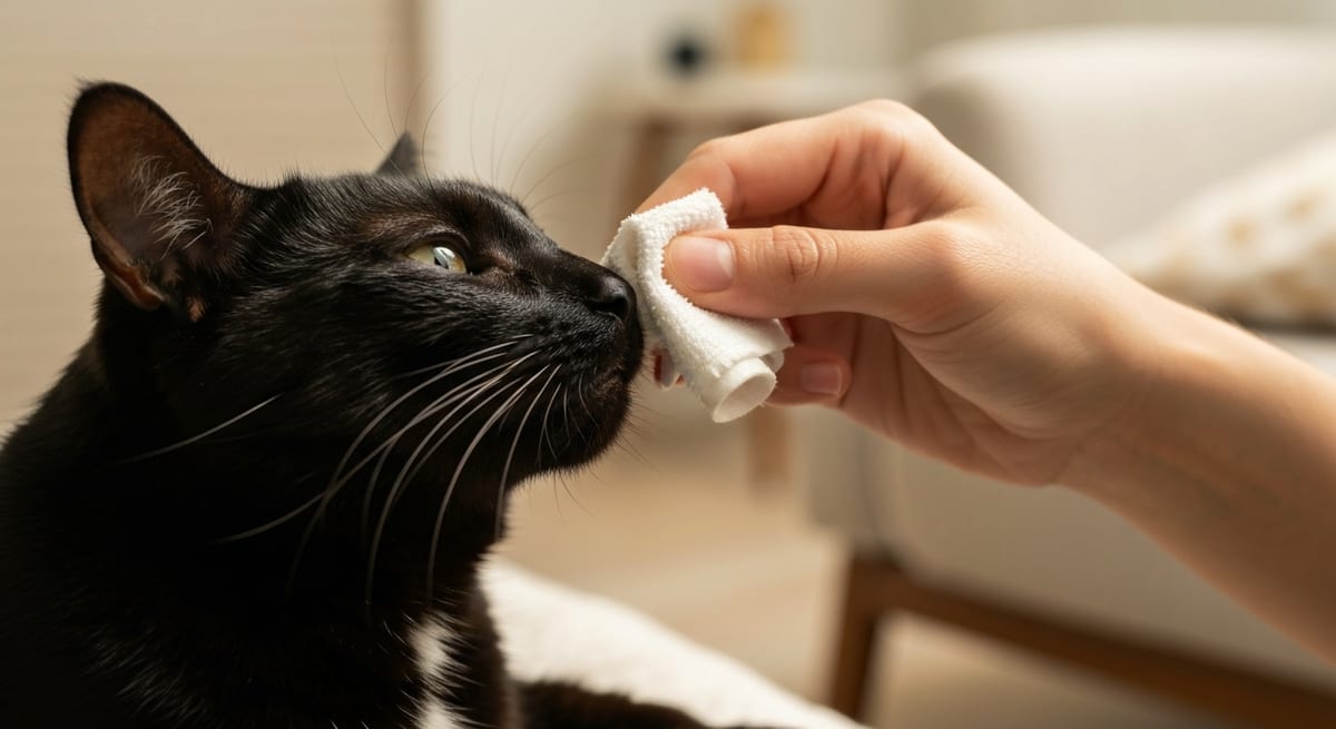 Cuidados en casa para gatos Limpieza manual de la nariz de un gato mormado con paño tibio