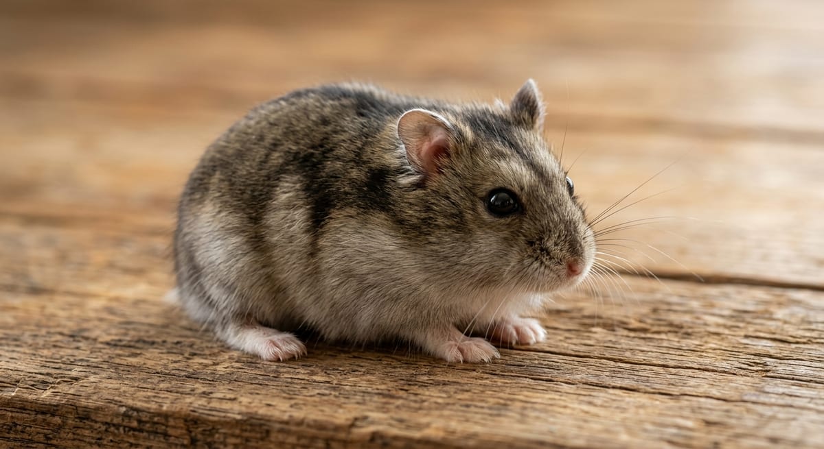 Retrato de hámster chino Hámster chino con su característica franja dorsal oscura sobre madera natural
