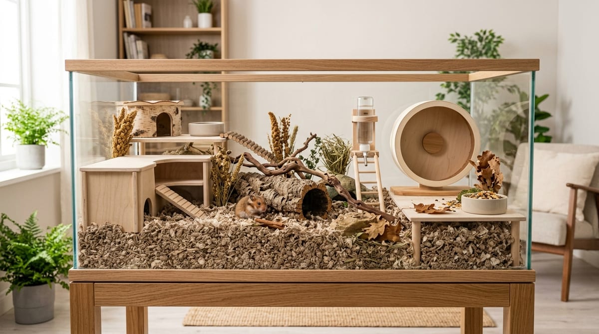 Enclosure naturalista para hámster Hábitat ideal para hámster chino con sustrato profundo y accesorios de materiales naturales