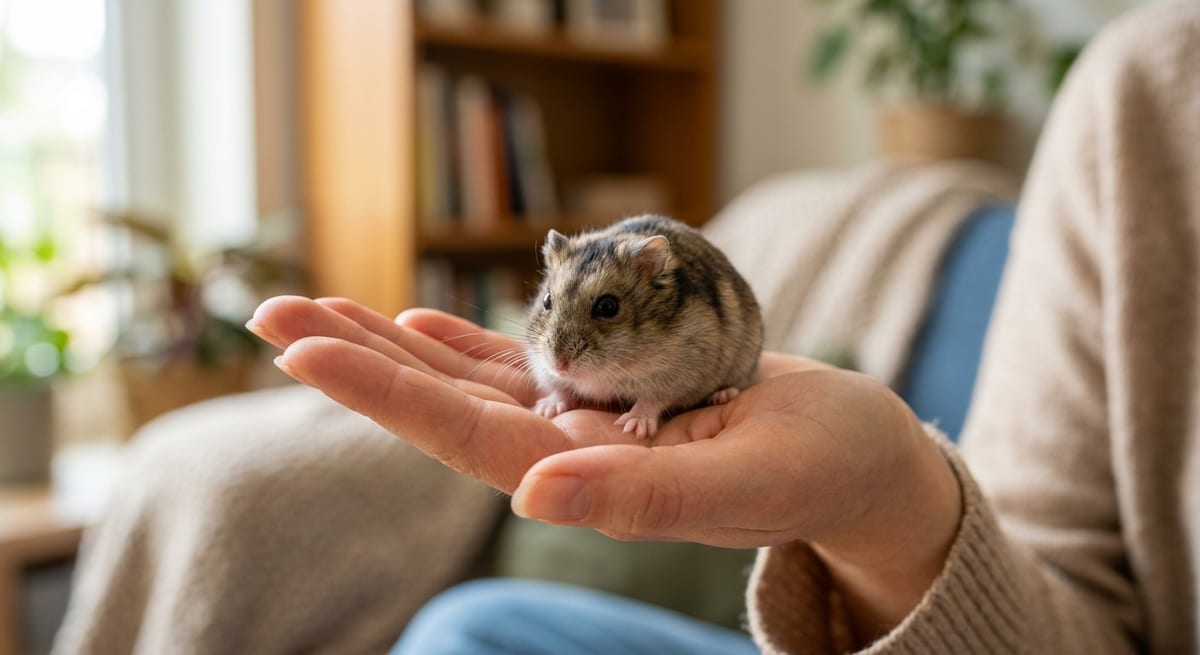 Manejo del hámster chino Hámster chino dócil descansando en la palma de una mano humana