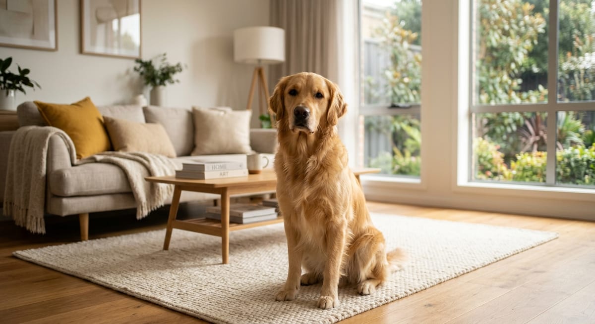 Linfadenitis en perros Perro Golden Retriever en un hogar luminoso, guía sobre linfadenitis y salud ganglionar canina.