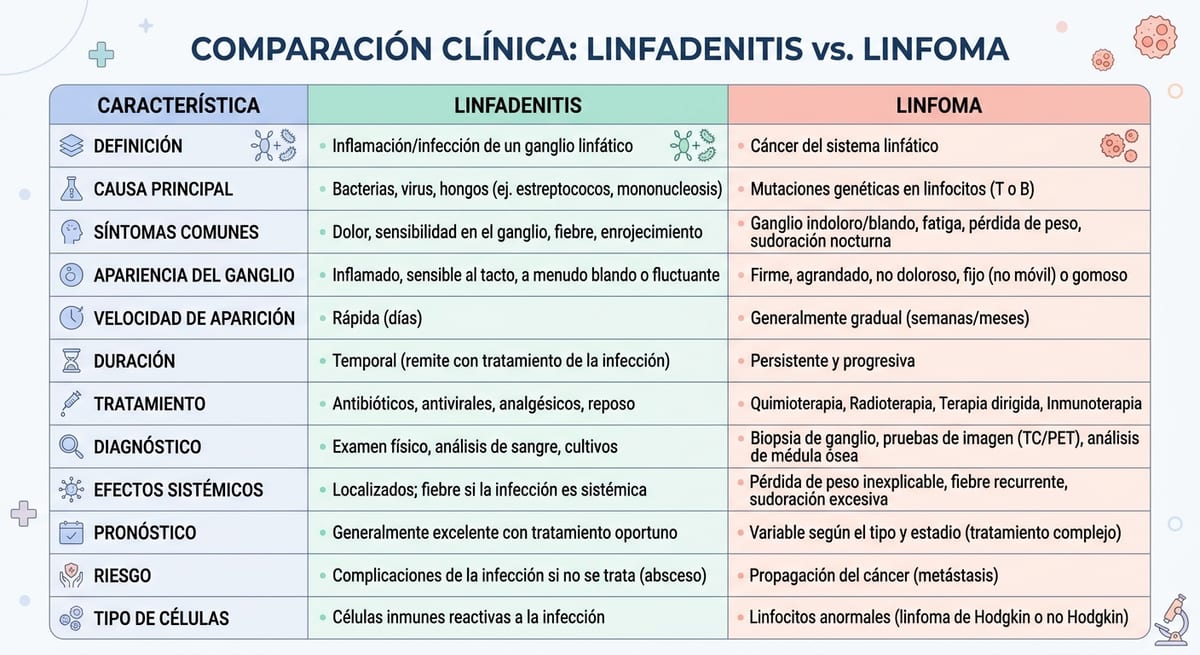 Linfadenitis vs Linfoma Infografía comparativa entre linfadenitis y linfoma en perros: diferencias en síntomas y diagnóstico.