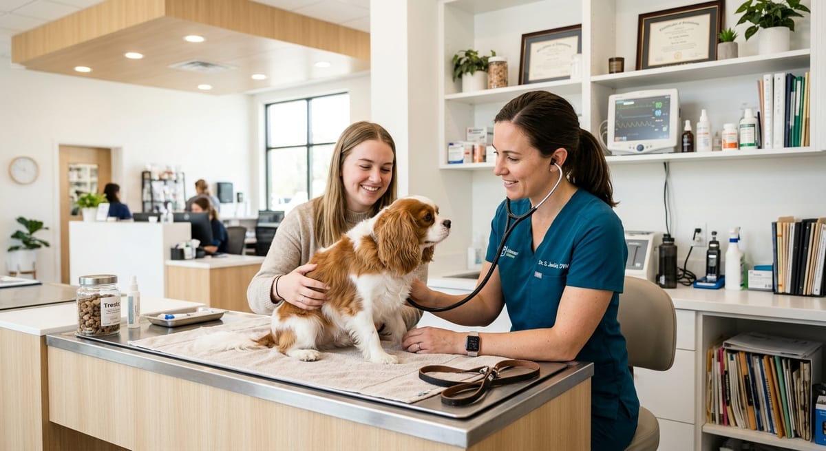 Diagnóstico veterinario profesional Veterinaria profesional realizando un diagnóstico de linfadenitis en una clínica canina moderna.