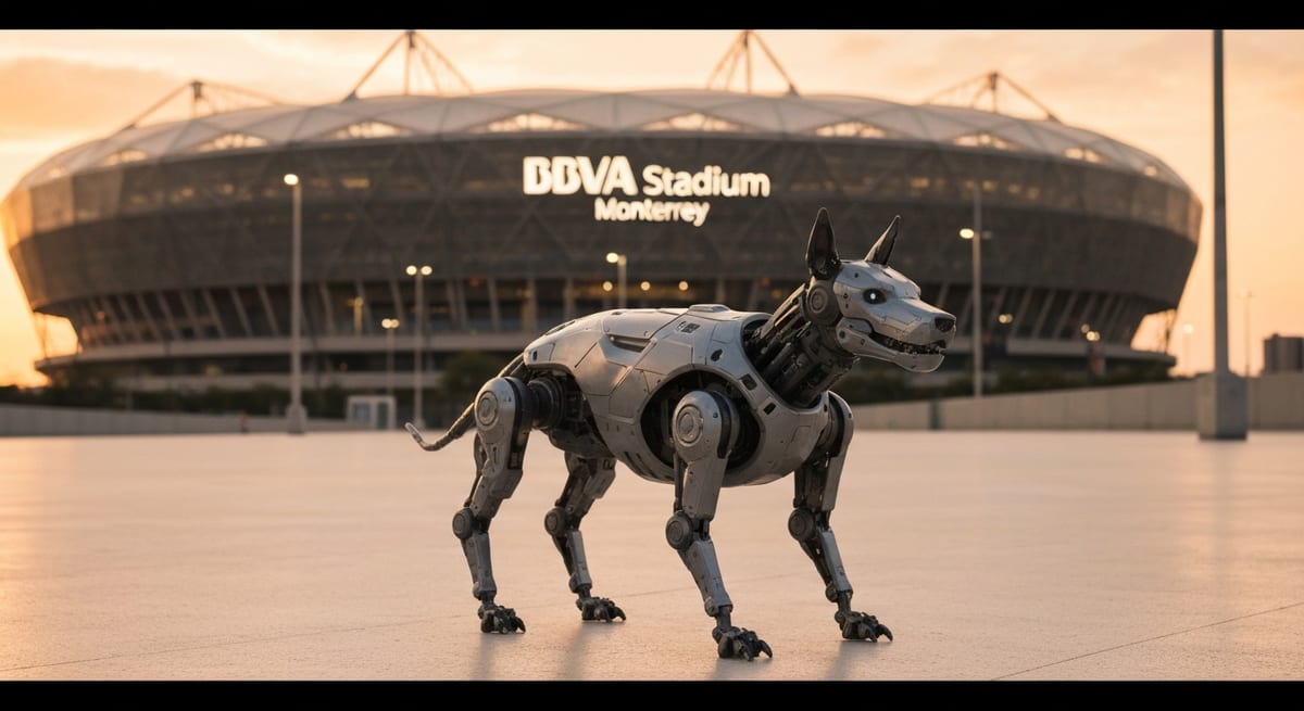 Robot K9-X en Monterrey Perro robot K9-X de seguridad frente al Estadio BBVA en Monterrey para el Mundial 2026