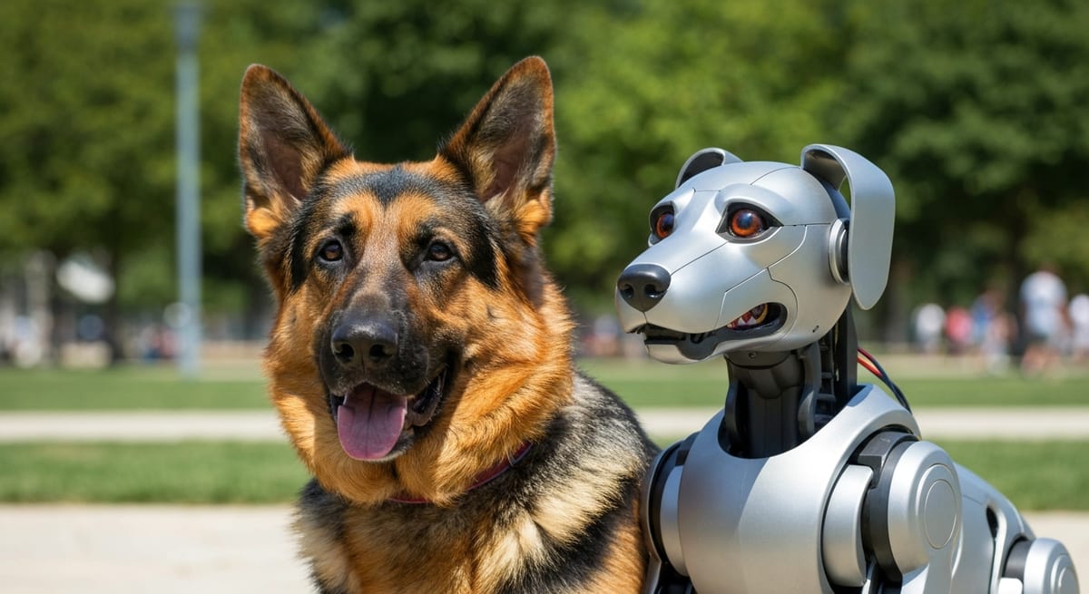 Tradición vs Tecnología Comparación visual entre un binomio canino tradicional y un perro robot de seguridad