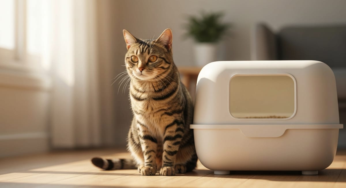 Salud felina y bienestar en el hogar Gato saludable sentado junto a su arenero en un hogar limpio y luminoso