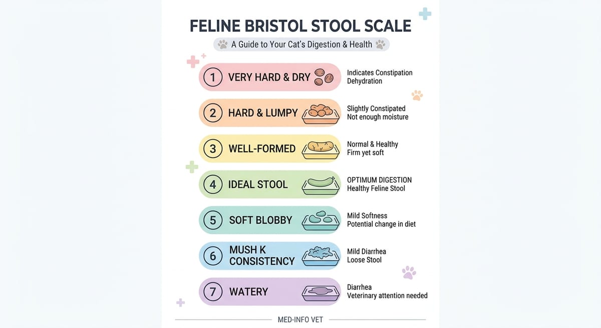 Escala de consistencia fecal Infografía de la escala de Bristol felina mostrando niveles de consistencia de las heces