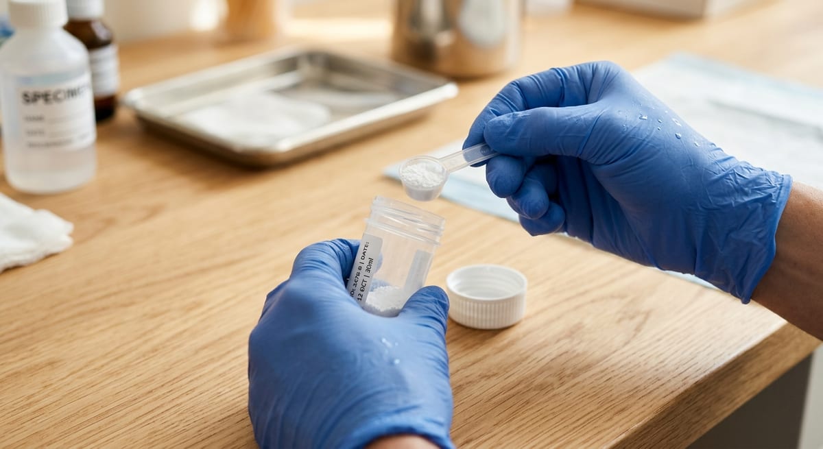 Recolección higiénica de muestras Persona preparando un kit de recolección de muestra de heces para llevar al veterinario
