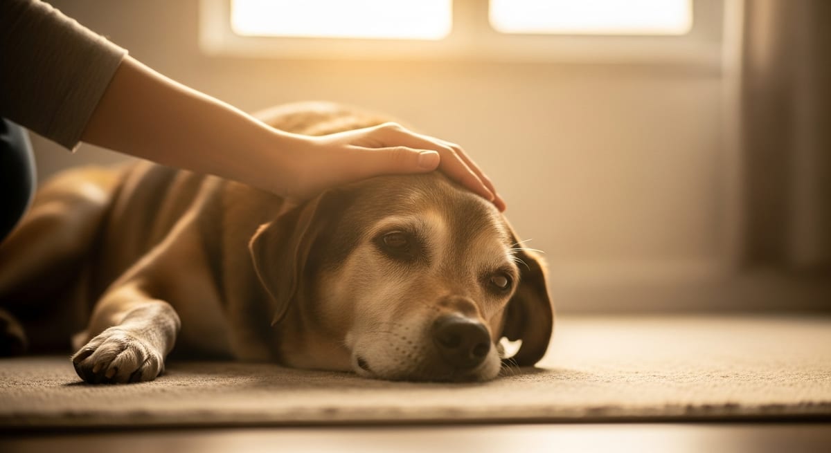 Cuidado compasivo al final de la vida Perro anciano recibiendo caricias en un entorno doméstico cálido y luminoso