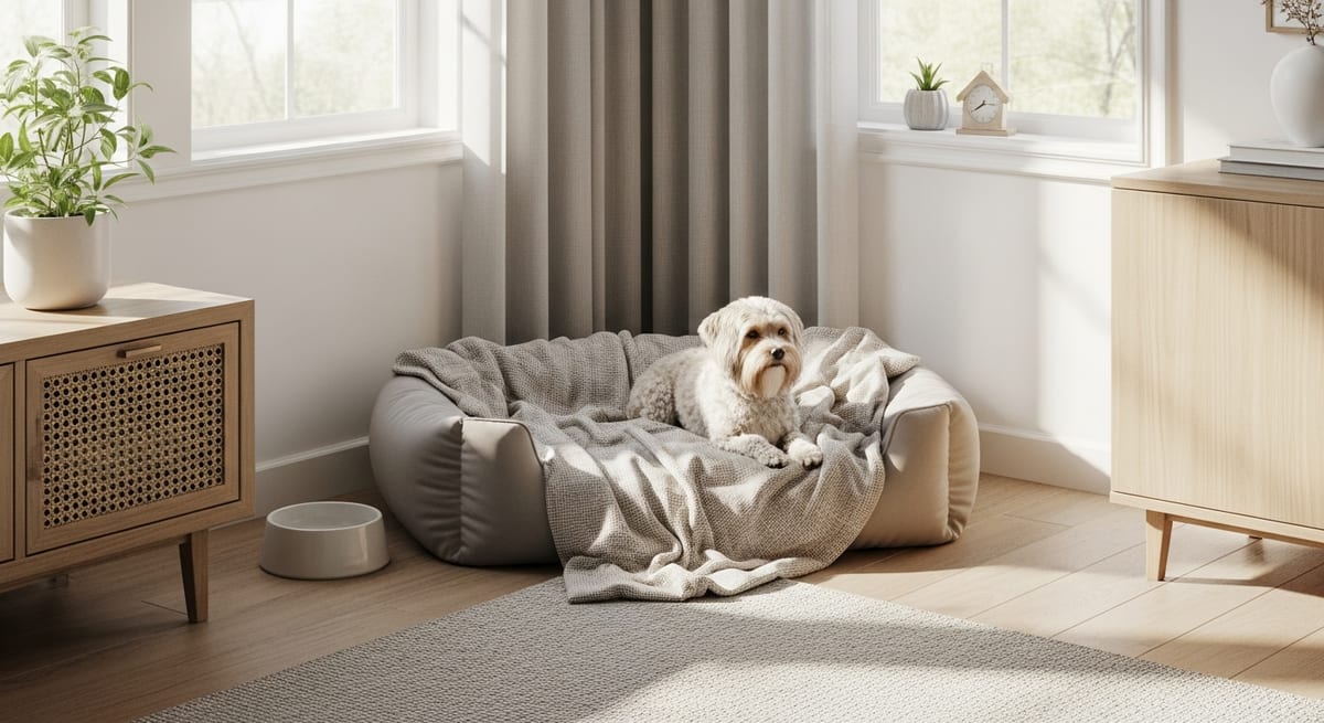 Santuario de paz en el hogar Cama ortopédica y zona de descanso preparada como santuario de paz para un perro mayor