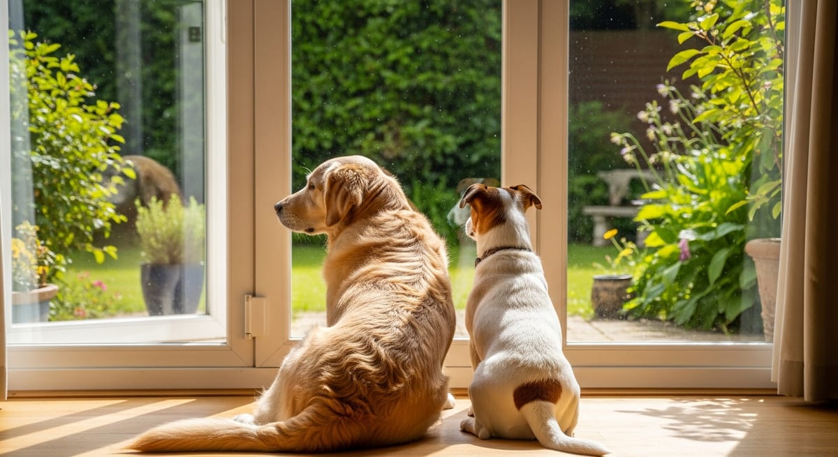 Compañerismo entre perros Dos perros de diferentes edades compartiendo un momento de calma y duelo multiespecie