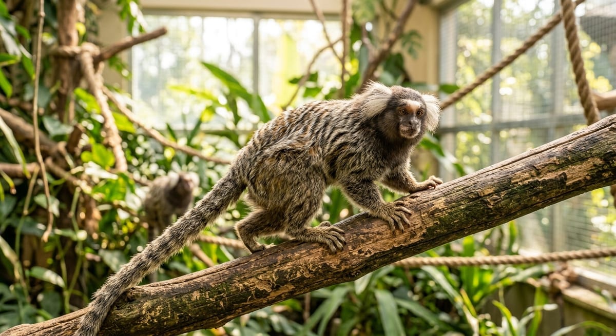 Realidad de un primate en cautiverio Mono tití en una rama, mostrando el comportamiento natural de un primate fuera de Instagram.