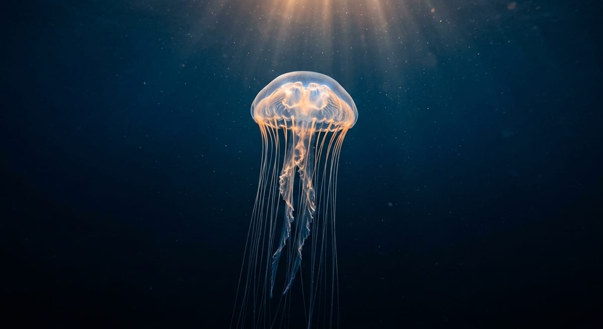 Jellyfish en el océano Medusa o Jellyfish nadando, ejemplo de vocabulario de animales con J en inglés.