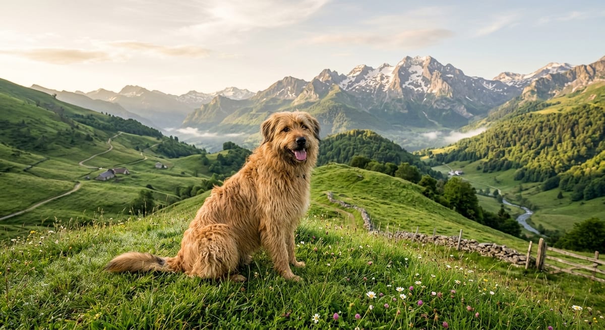 Perro pastor en un paisaje verde del País Vasco ideal para ilustrar nombres de perros en euskera.