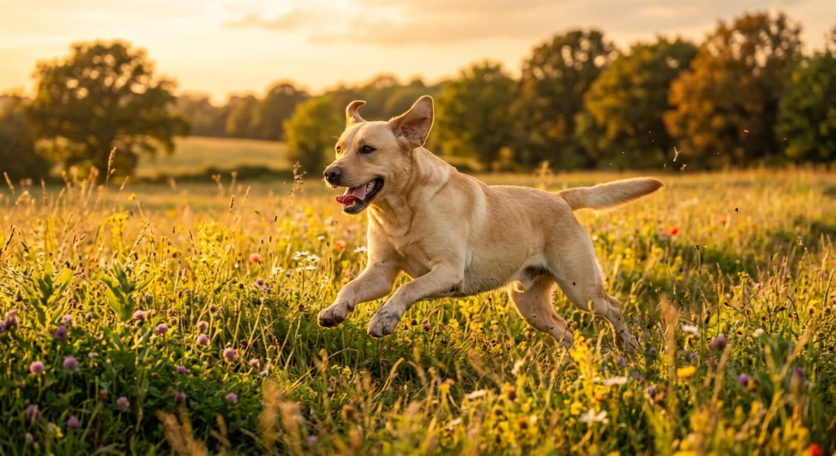 Nombres para perros machos Perro fuerte corriendo por el campo representando nombres para perros machos con mucha fuerza.
