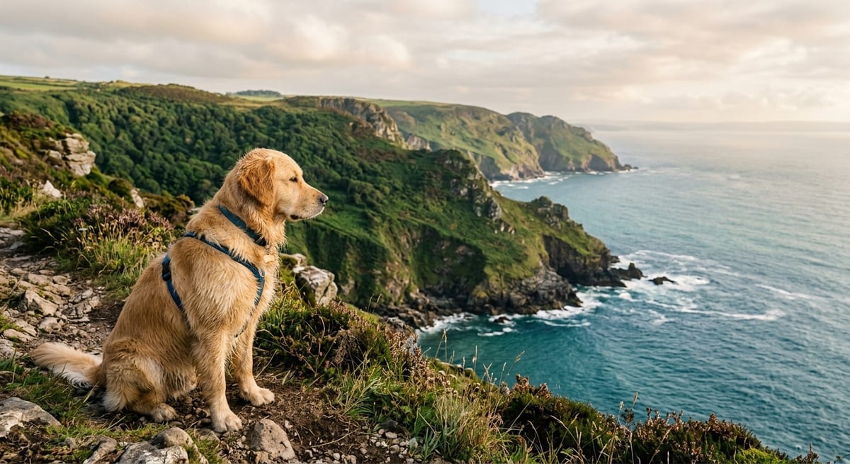 Nombres inspirados en la naturaleza Perro observando la costa vasca evocando nombres de perros inspirados en la naturaleza y geografía.