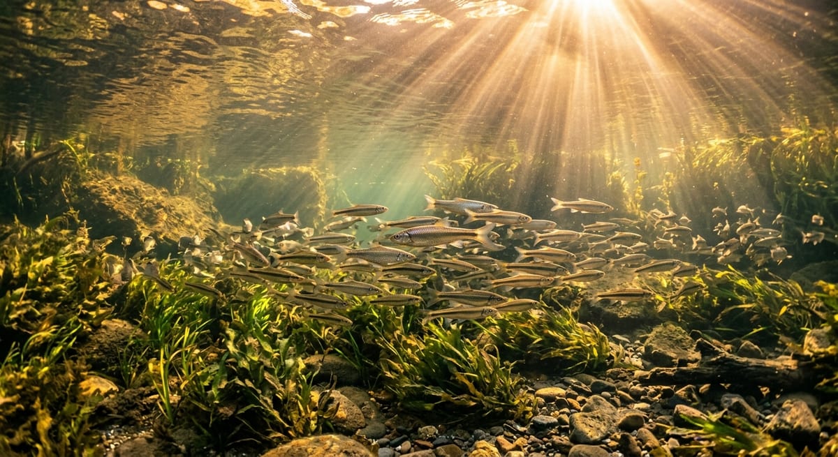 Grupo de peces de río nadando en aguas cristalinas bajo la luz del sol