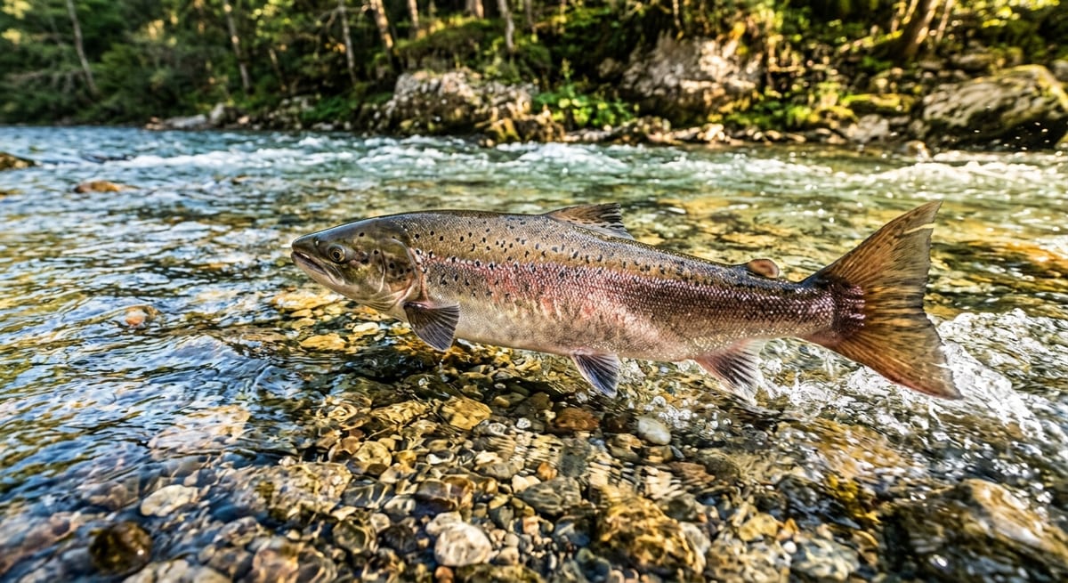 Especies emblemáticas de río Salmón nadando contra la corriente en un río de agua dulce