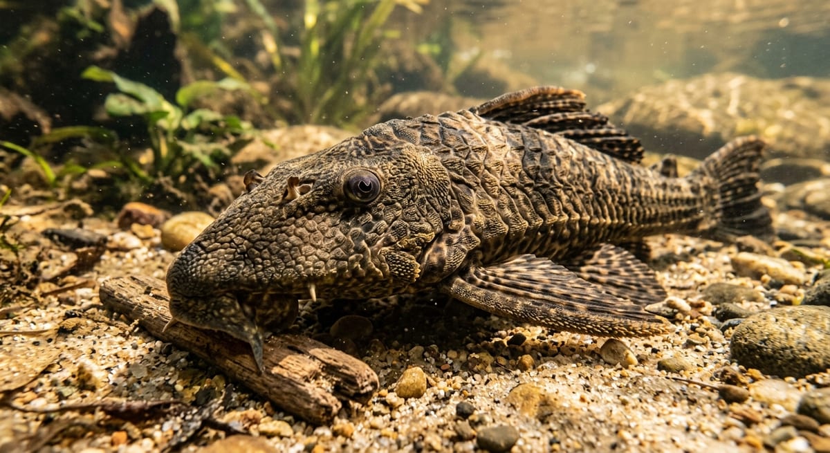 El invasor Pez Diablo Pez Diablo invasor en el fondo de un río, especie exótica amenazante