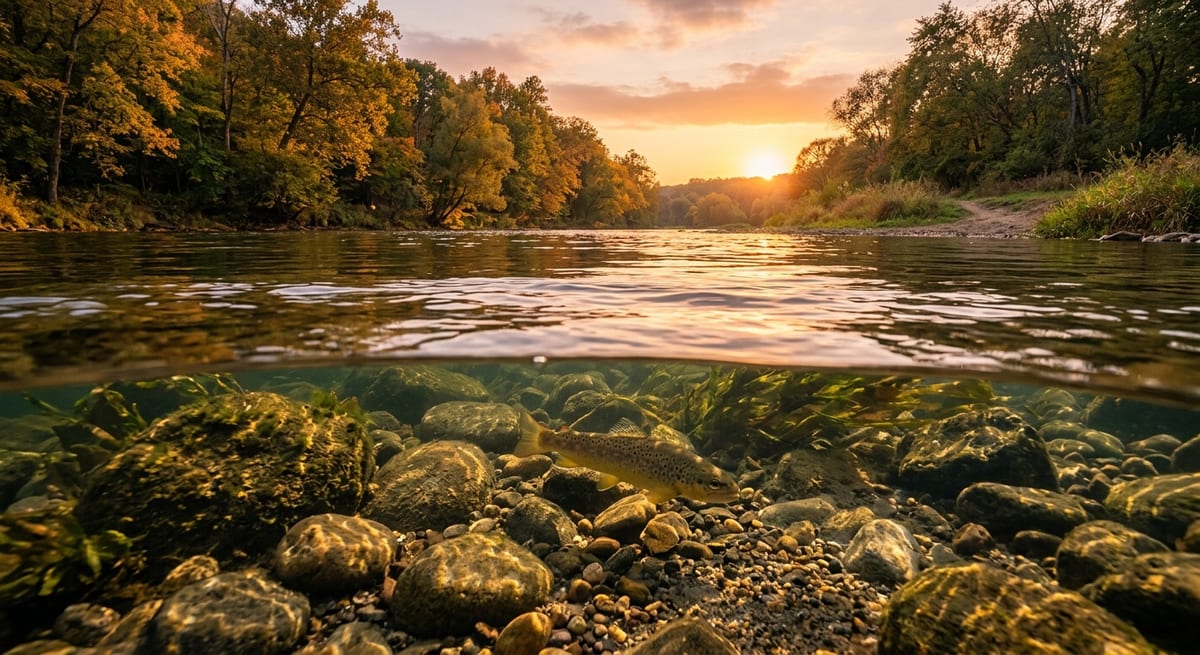 Técnica de fotografía de peces Fotografía subacuática y de superficie de un río con peces