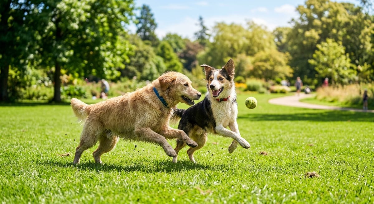 Contagio de papiloma en parques Perros jugando en el parque, contexto común de contagio del virus del papiloma en perros.