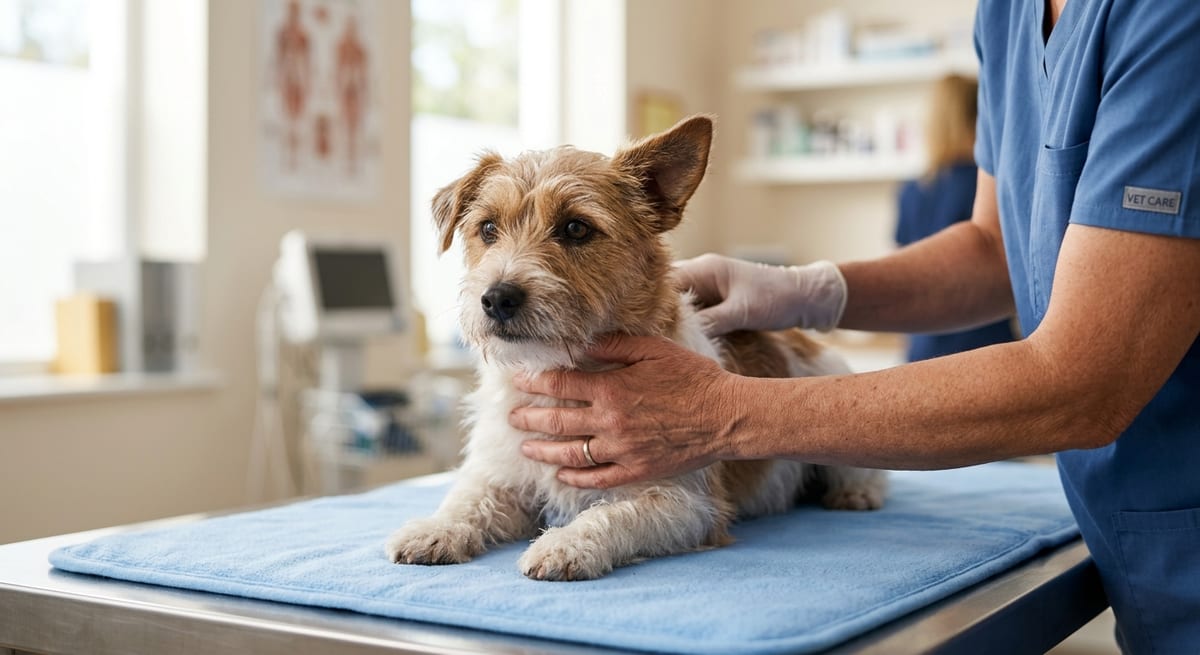 Diagnóstico veterinario del papiloma Veterinario examinando a un perro para diagnosticar posibles verrugas por papiloma canino.