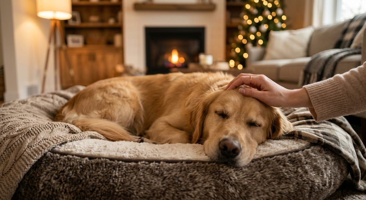 Cuidados domésticos para perros Perro recibiendo cuidados en casa durante el tratamiento del virus del papiloma.