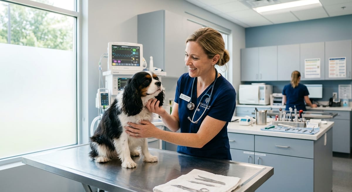 Consulta veterinaria profesional Veterinario revisando el historial clínico de un perro con problemas digestivos