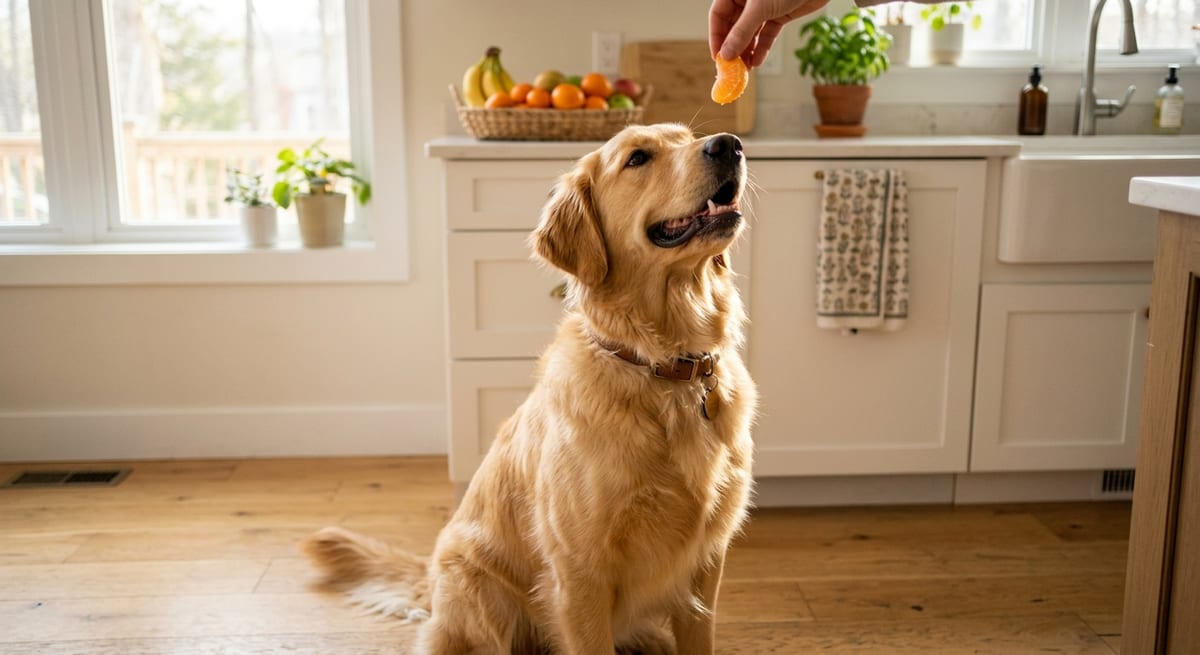 Perros y mandarina Perro Golden Retriever mirando un gajo de mandarina pelada en un ambiente hogareño cálido.